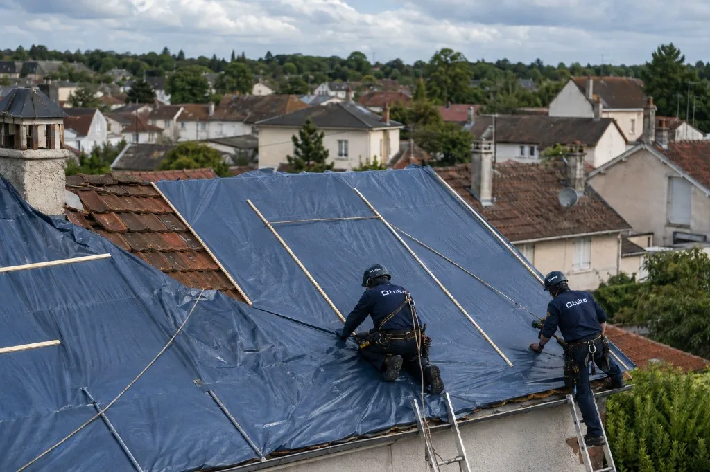 Tuita operators installing emergency covering on a roof