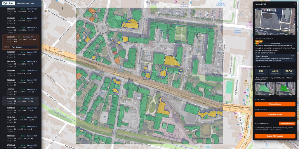 Interface Tuita Area Inspection : carte d’un secteur avec toitures analysées, diagnostic et potentiel solaire